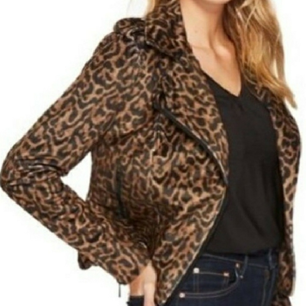 BEBE Brown leopard zip up moto jacket